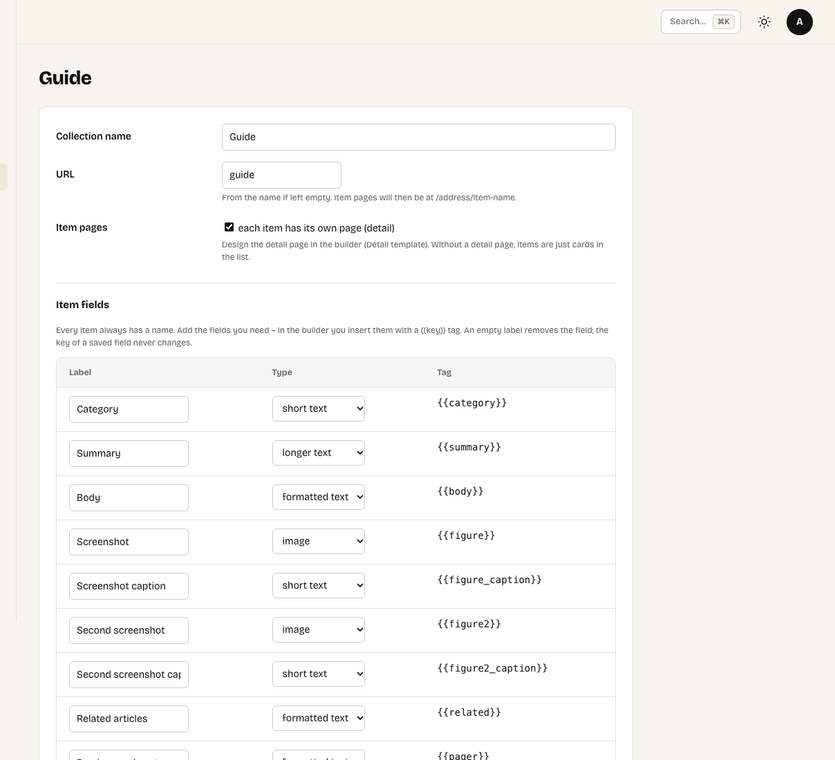 A collection with item pages on and its fields