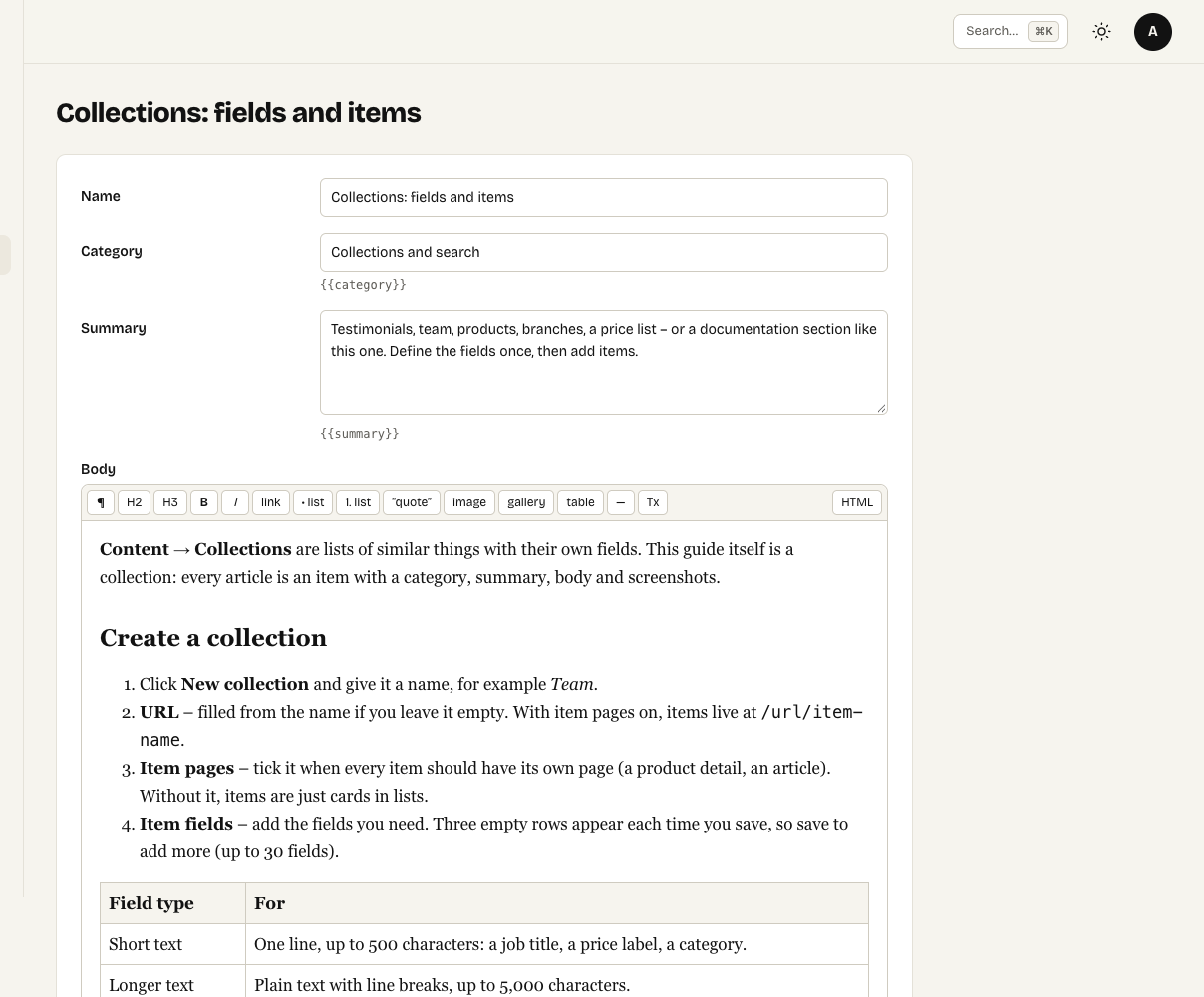 Editing an item: the fields of the collection plus order and visibility
