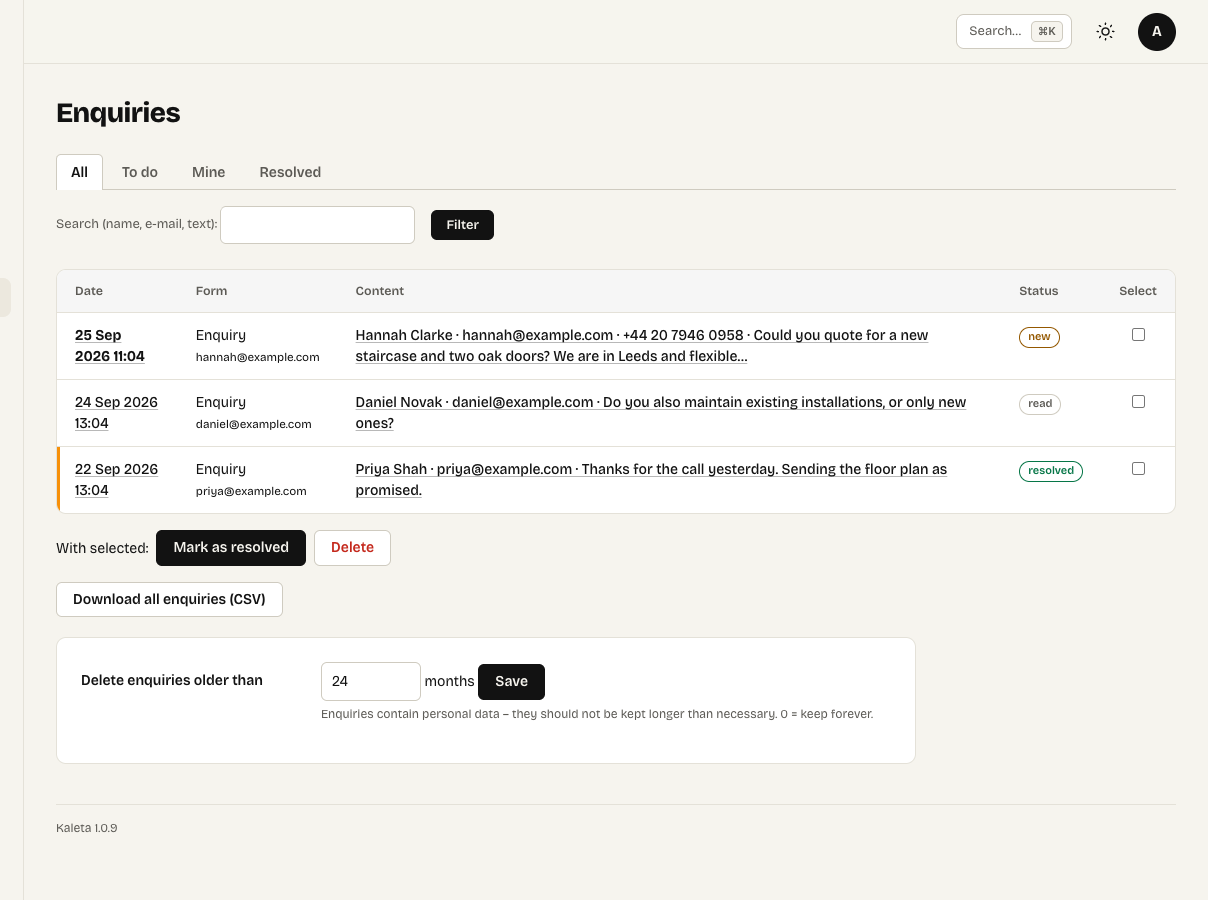Content → Enquiries with statuses