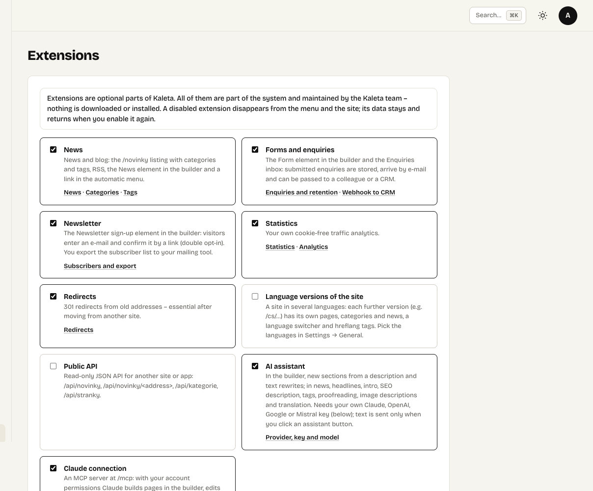 Extensions: each one can be switched on or off at any time