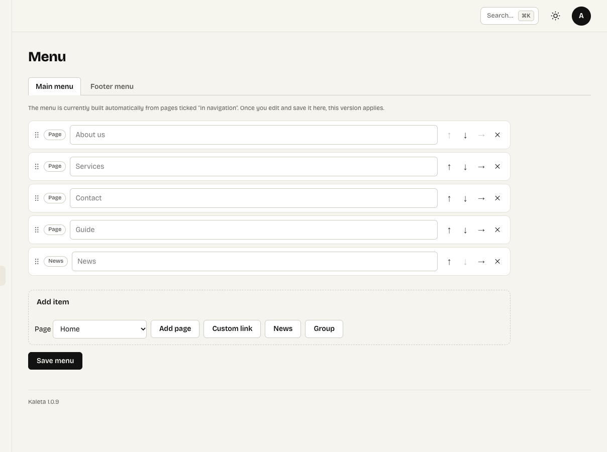 Appearance → Menu with the main menu
