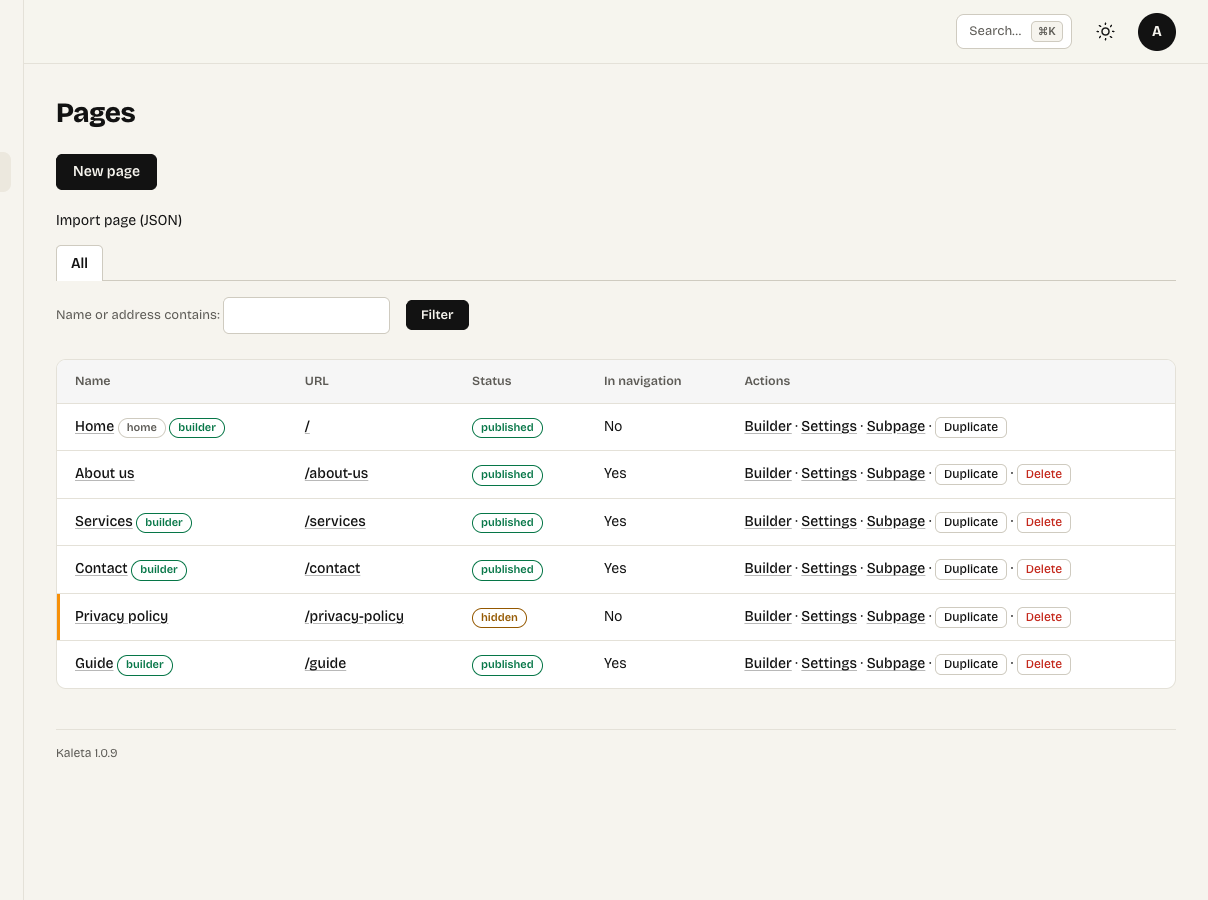 Content → Pages with visibility, trash and duplicates