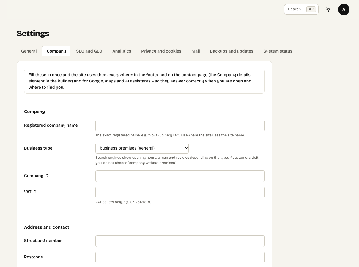 Settings → Company
