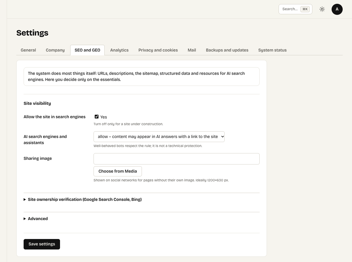 Settings → SEO and GEO