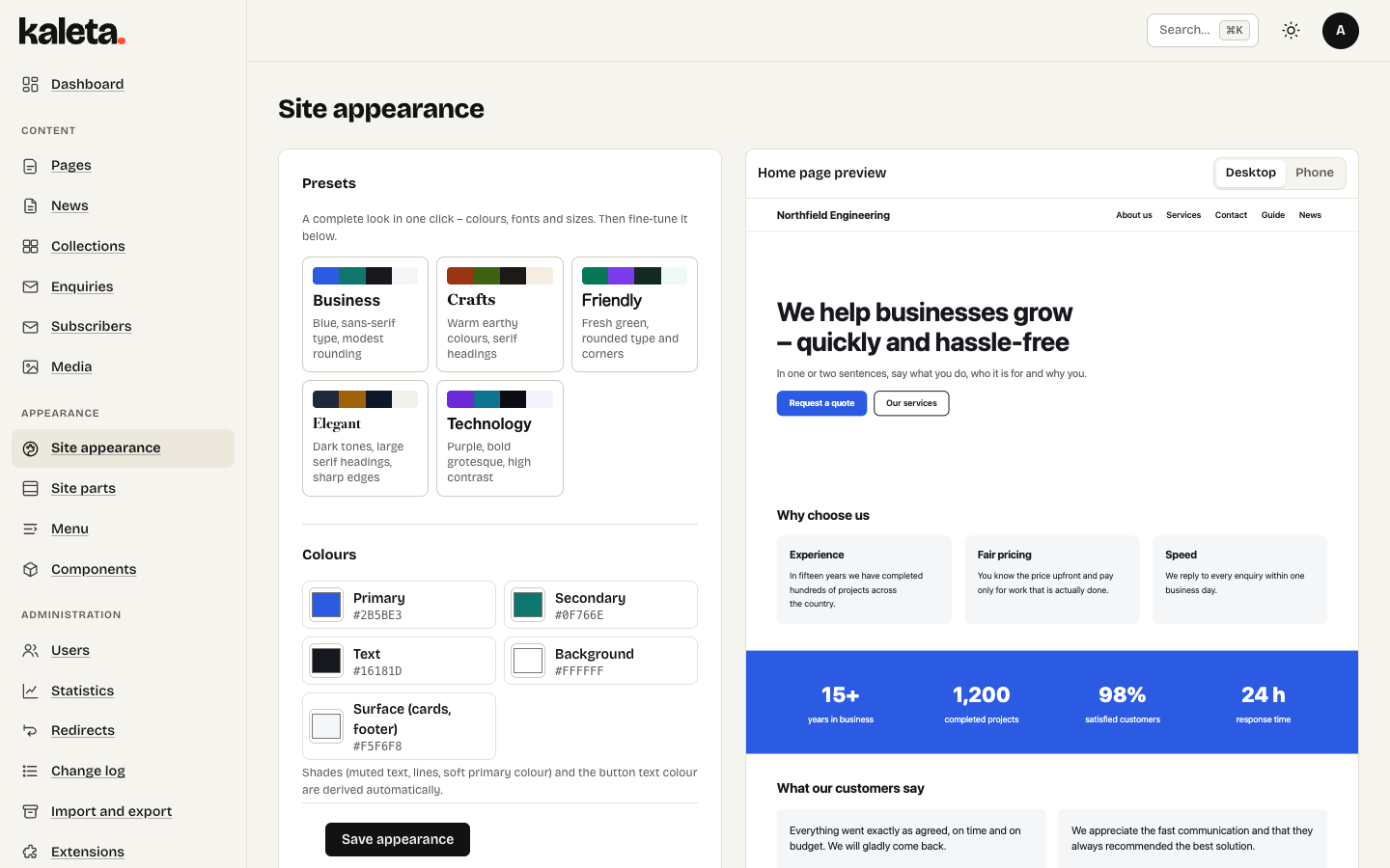 Site appearance with the live preview on the right