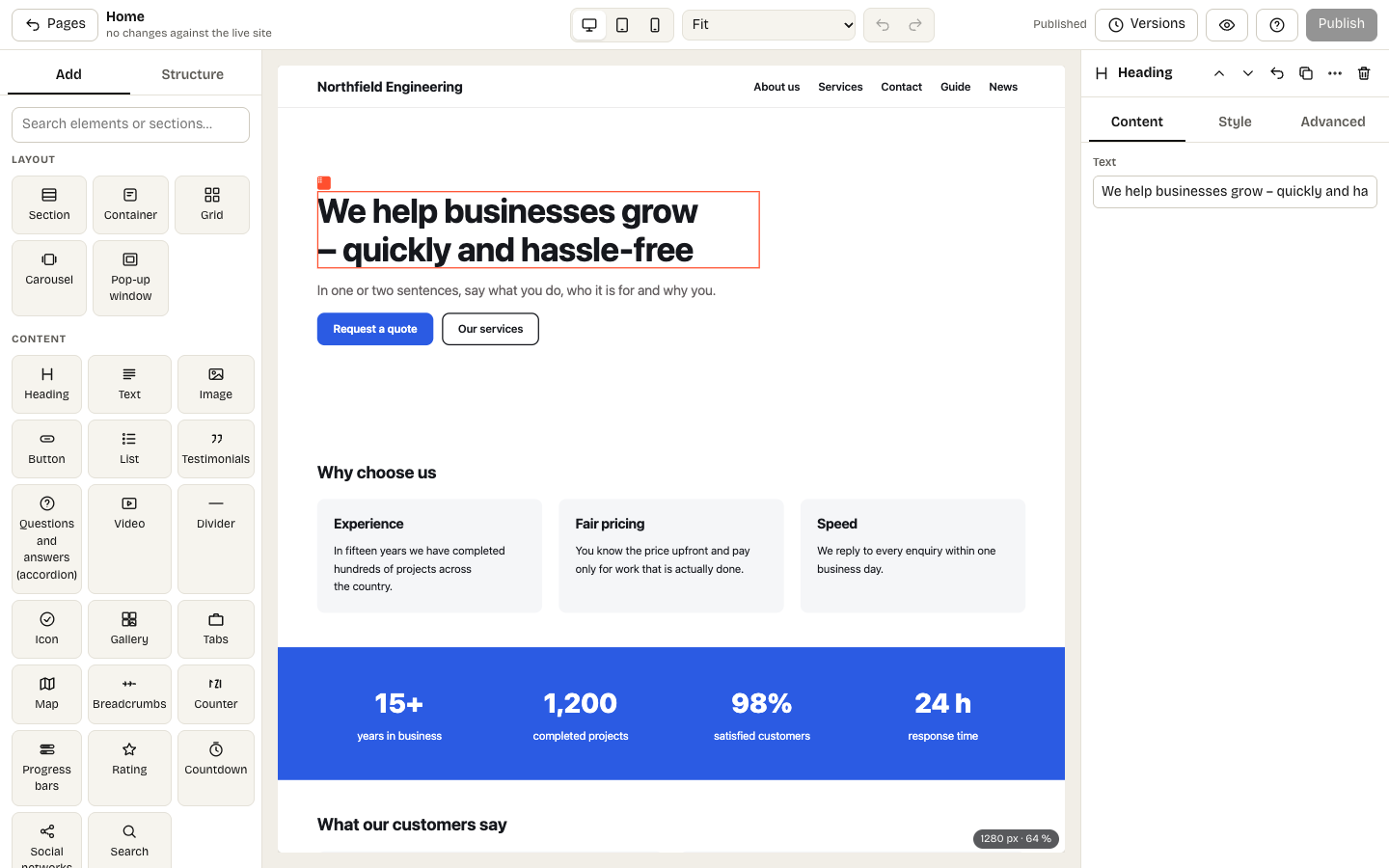 The builder: Add and Structure on the left, the real page in the middle, properties on the right