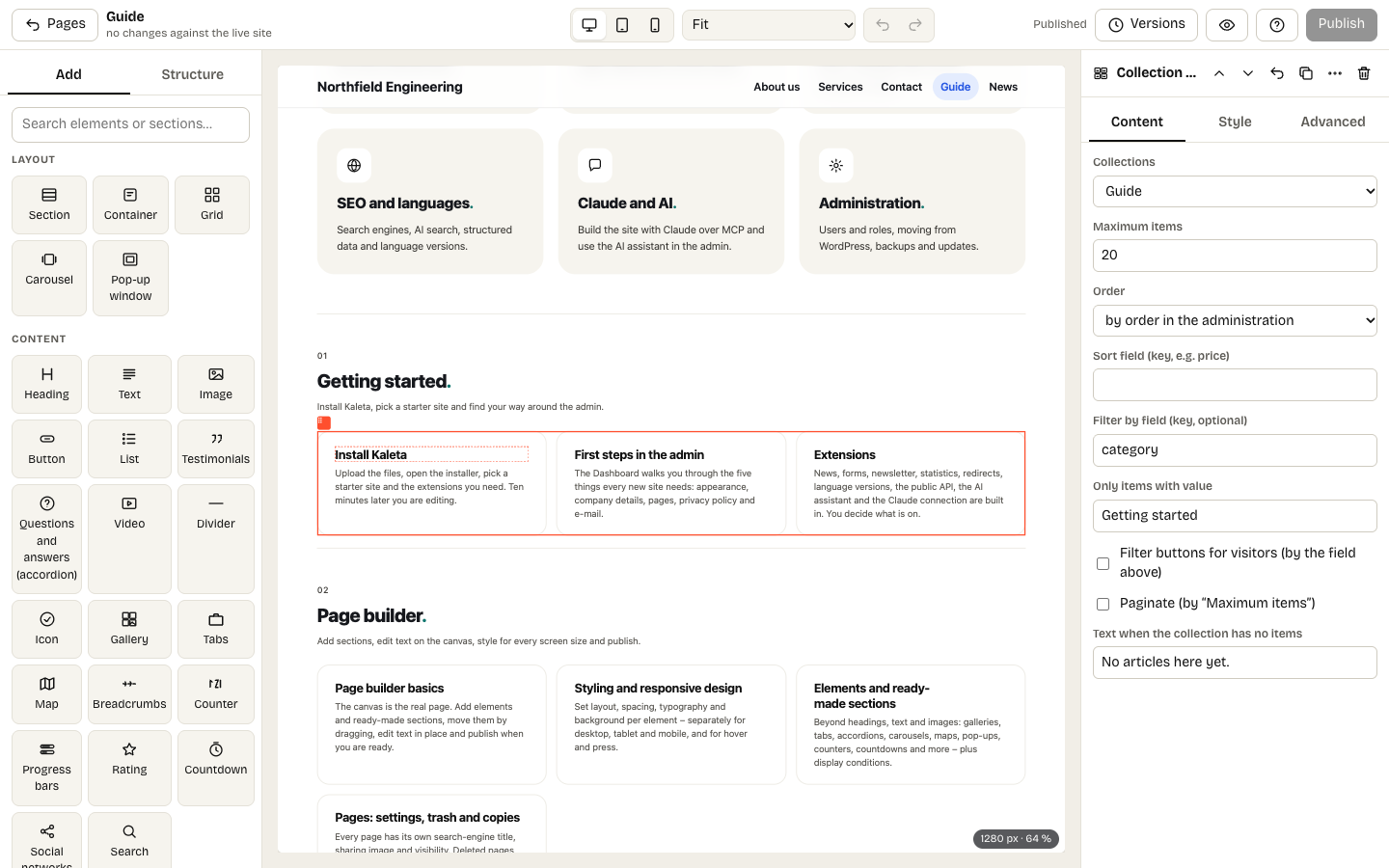 A Collection list selected in the builder, with its settings and the available tags