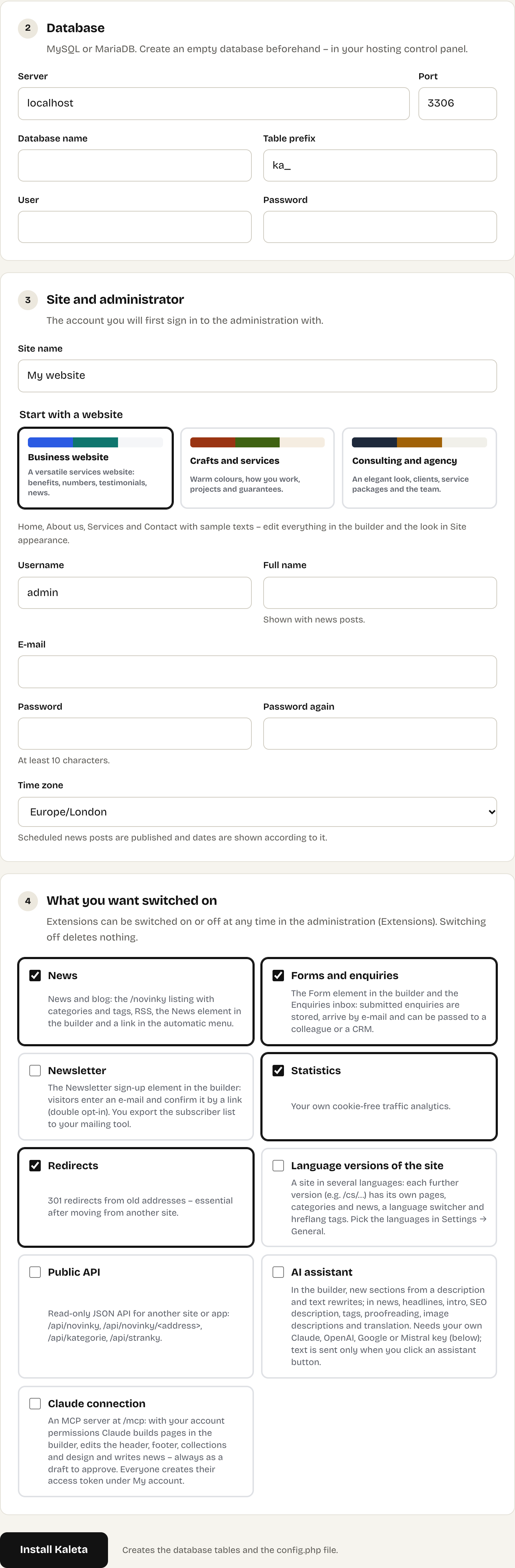 The whole installer: server check, database, site and administrator account, starter site and extensions