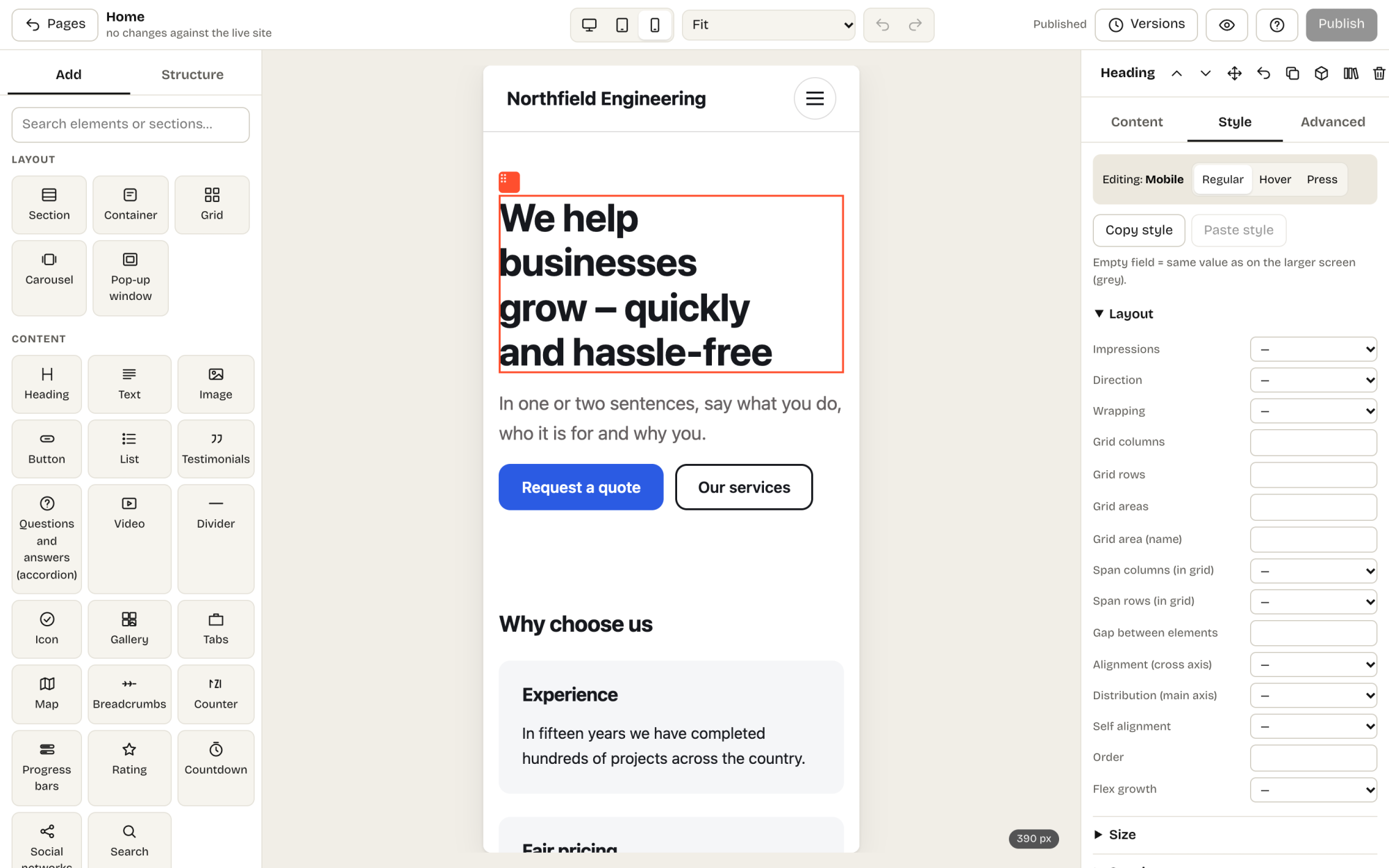 Styling a heading for phones in the Kaleta builder