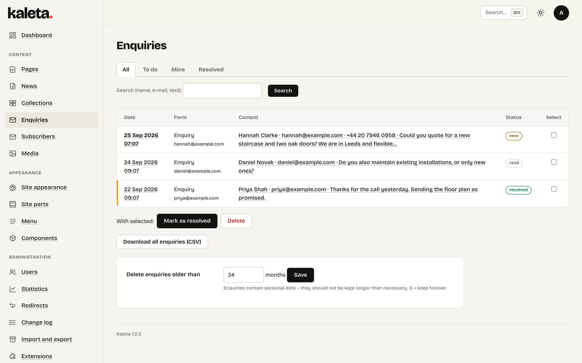 Enquiries from the site forms in the Kaleta admin