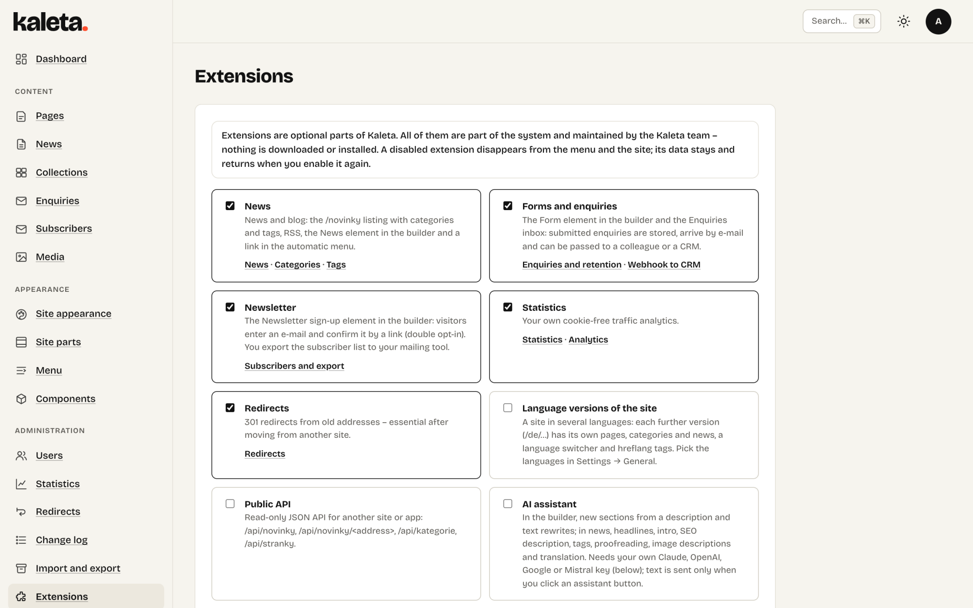 Kaleta extensions with links to their settings
