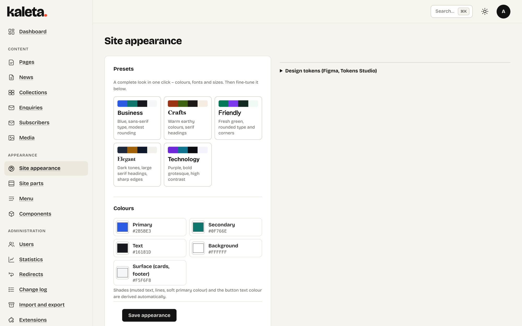 Site appearance in Kaleta: presets, colours and fonts