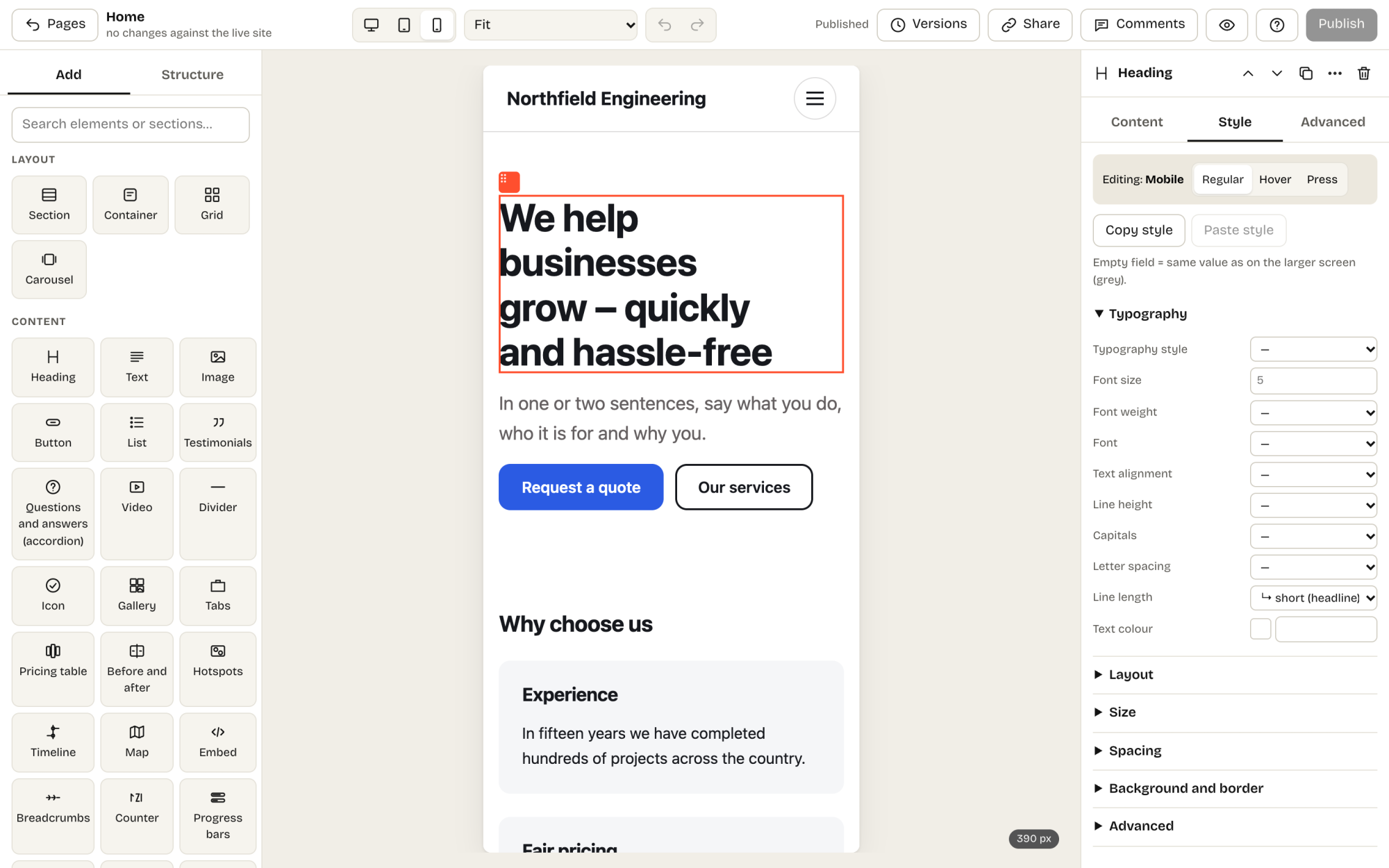 Estilo de un encabezado para móviles en el builder de Kaleta