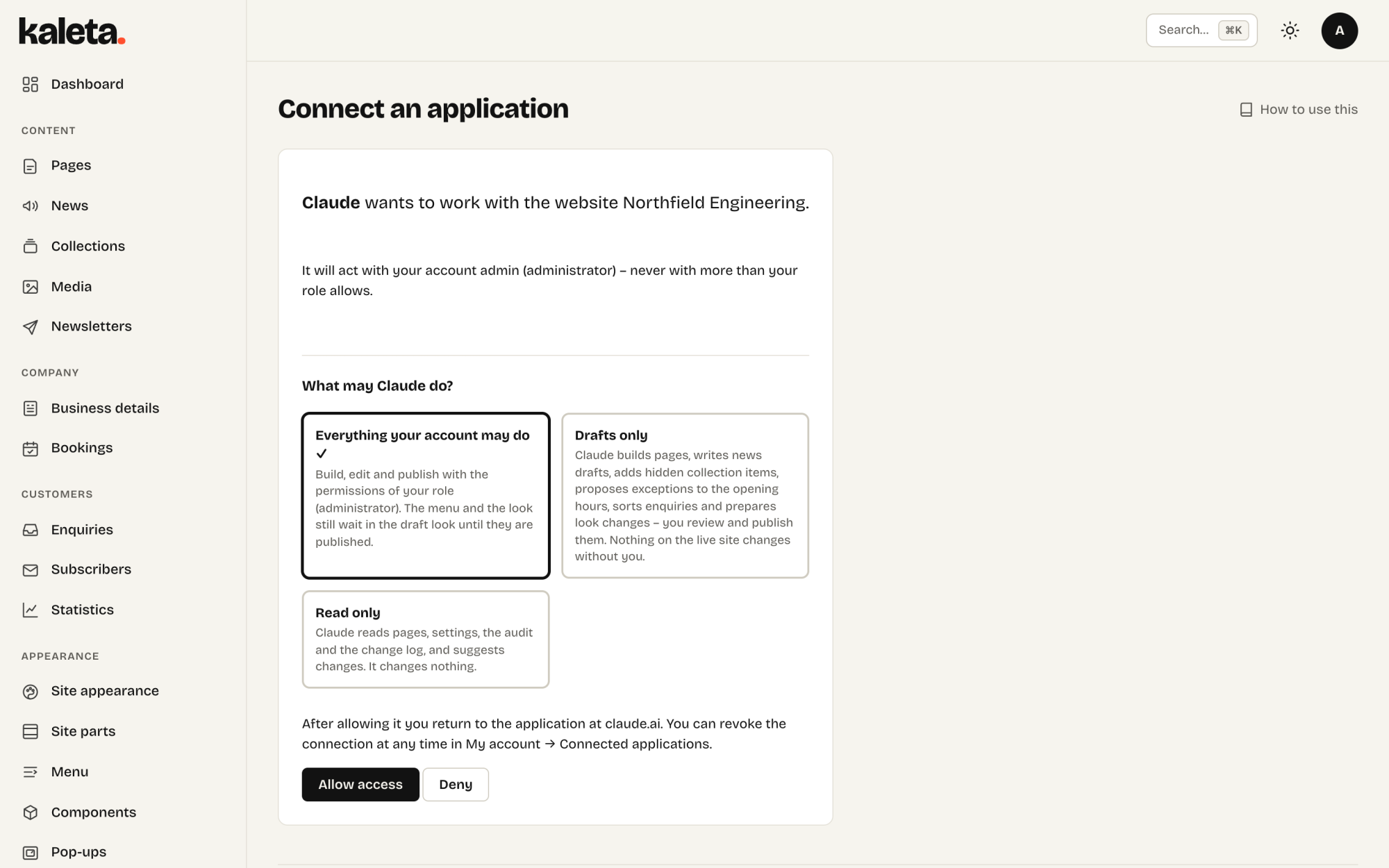 Conectar Claude: el propietario de la web elige qué puede hacer Claude y permite el acceso