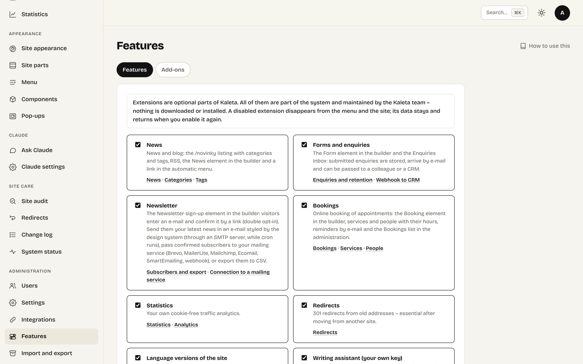 Funciones de Kaleta con enlaces a sus ajustes
